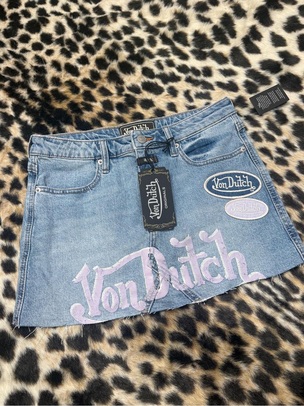 Y2K VON DUTCH DENIM MINI SKIRT PATCHES LOGO LOW RISE